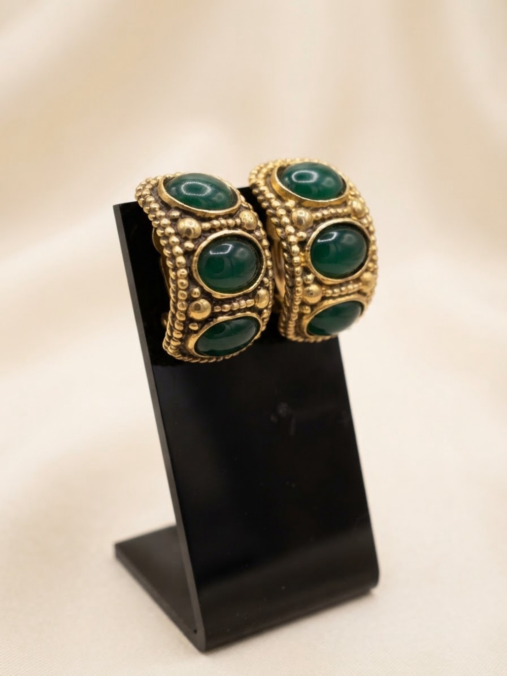 Gold-Tone Hoop Earrings with Green Cabochon Accents